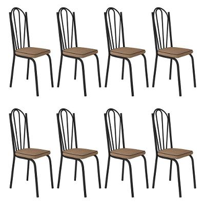 Kit 8 Cadeiras De Cozinha Alabama Estampado Rattan Bege Pés De Ferro Preto