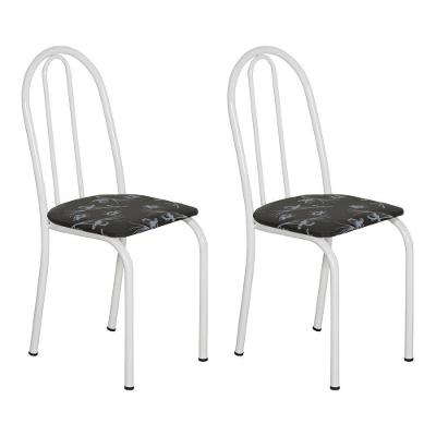 Kit 2 Cadeiras De Cozinha Califórnia Estampado Preto Florido Pés De Ferro Branco