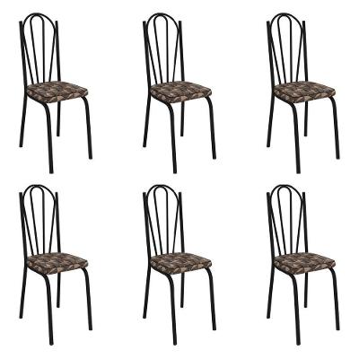 Kit 6 Cadeiras De Cozinha Alabama Estampado Mosaico Palha Pés De Ferro Preto