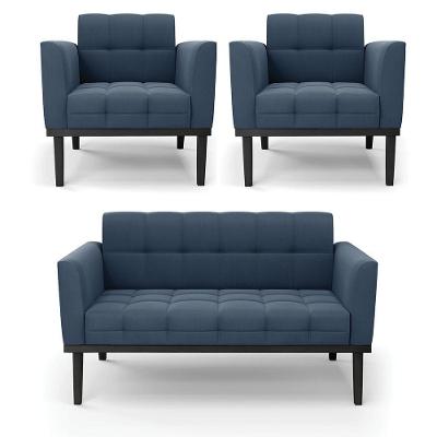 Sofá Namoradeira E 2 Poltronas Base De Madeira Preto Elisa Suede D03 - D'rossi Cor Azul Marinho