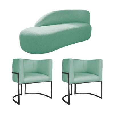 Kit Divã Luna 140cm Lado Esquerdo E 02 Poltronas Base De Ferro Preto Suede Cor Azul Tiffany