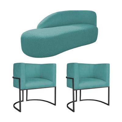 Kit Divã Luna 140cm Lado Esquerdo E 02 Poltronas Base De Ferro Preto Suede Cor Azul Turquesa
