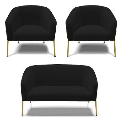 Sofá Namoradeira E 2 Poltronas Pé De Ferro Dourado Stella Linho D03 - D'rossi Cor A79 Preto