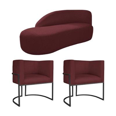Kit Divã Luna 140cm Lado Esquerdo E 02 Poltronas Base De Ferro Preto Suede Cor Bordô