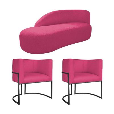 Kit Divã Luna 140cm Lado Esquerdo E 02 Poltronas Base De Ferro Preto Suede Cor Pink