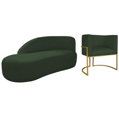 Kit Divã Luna 160cm Lado Esquerdo E 01 Poltrona Base De Ferro Dourado Linho Cor Verde