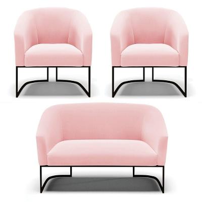 Sofá Namoradeira E 2 Poltronas Base Industrial Preto Stella Suede D03 - D'rossi Cor Rosa Bebê