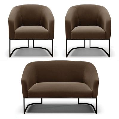Sofá Namoradeira E 2 Poltronas Base Industrial Preto Stella Suede D03 - D'rossi Cor Marrom