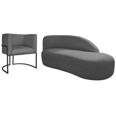 Kit Divã Luna 140cm Lado Direito E 01 Poltrona Base De Ferro Preto Linho Cor Cinza Escuro