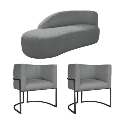 Kit Divã Luna 140cm Lado Esquerdo E 02 Poltronas Base De Ferro Preto Suede Cor Cinza