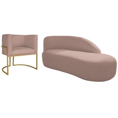 Kit Divã Luna 160cm Lado Direito E 01 Poltrona Base De Ferro Dourado Linho Cor Rosê
