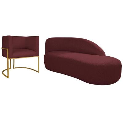 Kit Divã Luna 140cm Lado Direito E 01 Poltrona Base De Ferro Dourado Suede Cor Bordô