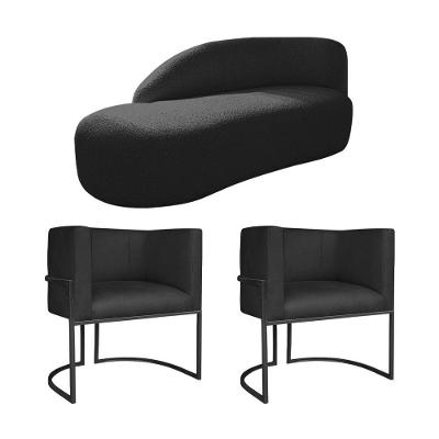 Kit Divã Luna 140cm Lado Esquerdo E 02 Poltronas Base De Ferro Preto Suede Cor Preto