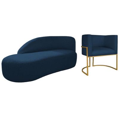 Kit Divã Luna 140cm Lado Esquerdo E 01 Poltrona Base De Ferro Dourado Suede Cor Azul Marinho