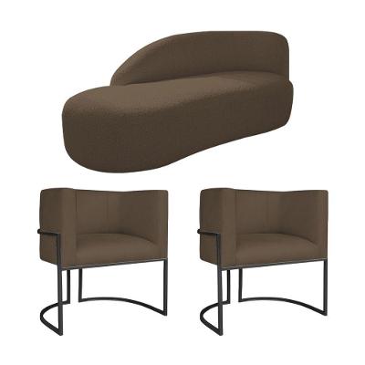 Kit Divã Luna 140cm Lado Esquerdo E 02 Poltronas Base De Ferro Preto Suede Cor Marrom