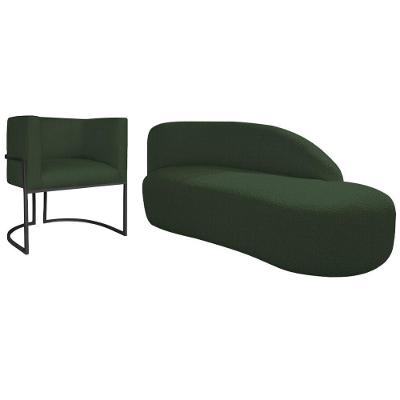 Kit Divã Luna 140cm Lado Direito E 01 Poltrona Base De Ferro Preto Linho Cor Verde