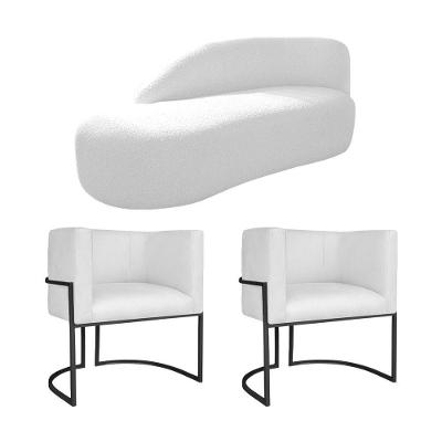 Kit Divã Luna 140cm Lado Esquerdo E 02 Poltronas Base De Ferro Preto Suede Cor Branco