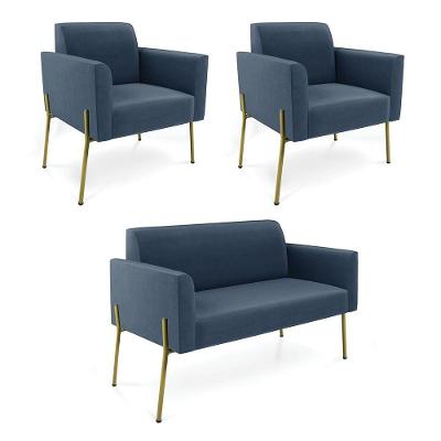 Sofá Namoradeira E 2 Poltronas Pé De Ferro Dourado Marisa Suede D03 Azul Marinho