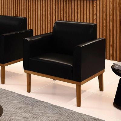 Poltrona Decorativa Pés Fixo Em Madeira Castanho Pu Preto Brilho