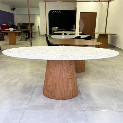 Mesa De Jantar Cone Oval 198x122 Cm Tampo Marmorizado Calacata Bronze - Base Freijó Marrom