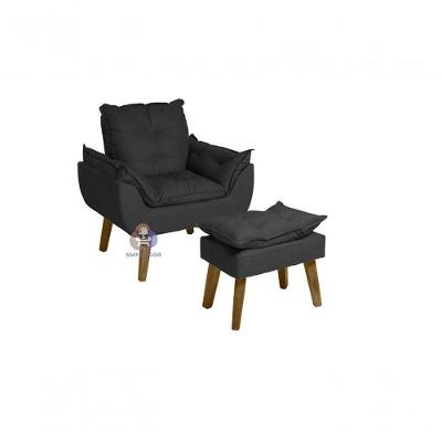 Poltrona/cadeira Decorativa E Puff Glamour Com Pés Quadrado Preto