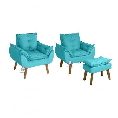 Kit 02 Poltrona/cadeira Decorativa E Puff Glamour Com Pés Quadrado Azul Turquesa