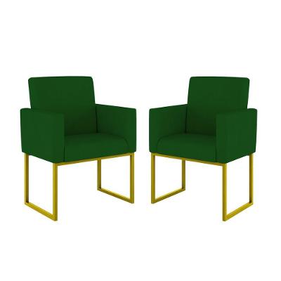 Kit 02 Cadeiras Poltronas Sala Quarto Base De Ferro Dourada Cor:verde