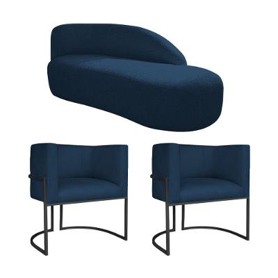 Kit Divã Luna 140cm Lado Direito E 02 Poltronas Base De Ferro Preto Suede Cor Azul Marinho