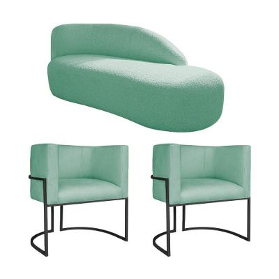 Kit Divã Luna 140cm Lado Direito E 02 Poltronas Base De Ferro Preto Suede Cor Azul Tiffany
