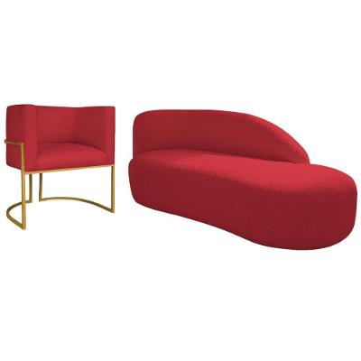 Kit Divã Luna 140cm Lado Direito E 01 Poltrona Base De Ferro Dourado Suede Cor Vermelho
