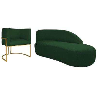 Kit Divã Luna 140cm Lado Direito E 01 Poltrona Base De Ferro Dourado Suede Cor Verde