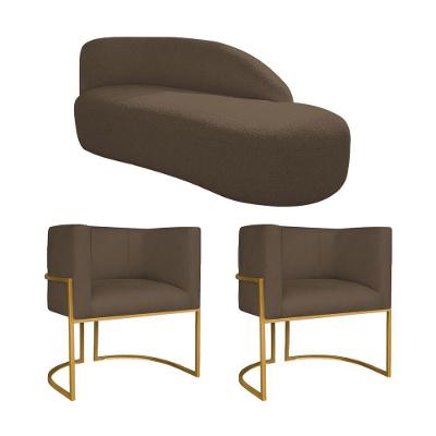 Kit Divã Luna 140cm Lado Direito E 02 Poltronas Base De Ferro Dourado Suede Cor Marrom