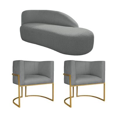 Kit Divã Luna 140cm Lado Direito E 02 Poltronas Base De Ferro Dourado Suede Cor Cinza