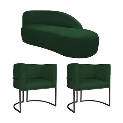 Kit Divã Luna 140cm Lado Direito E 02 Poltronas Base De Ferro Preto Suede Cor Verde