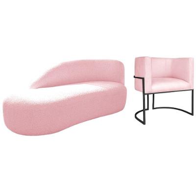 Kit Divã Luna 140cm Lado Esquerdo E 01 Poltrona Base De Ferro Preto Suede Cor Rosa Bebê