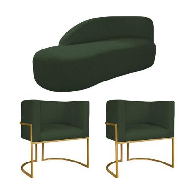 Kit Divã Luna 160cm Lado Esquerdo E 02 Poltronas Base De Ferro Dourado Linho Cor Verde