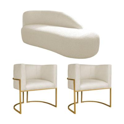 Kit Divã Luna 160cm Lado Direito E 02 Poltronas Base De Ferro Dourado Linho Cor Bege