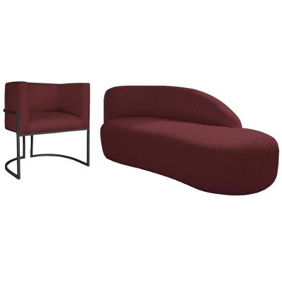 Kit Divã Luna 160cm Lado Direito E 01 Poltrona Base De Ferro Preto Suede Cor Bordô