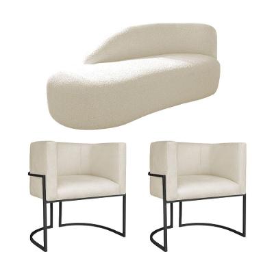 Kit Divã Luna 160cm Lado Esquerdo E 02 Poltronas Base De Ferro Preto Linho Cor Bege