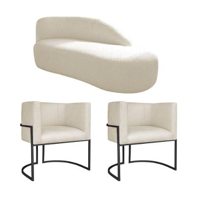 Kit Divã Luna 160cm Lado Direito E 02 Poltronas Base De Ferro Preto Linho Cor Bege