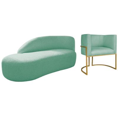 Kit Divã Luna 185cm Lado Esquerdo E 01 Poltrona Base De Ferro Dourado Suede Cor Azul Tiffany