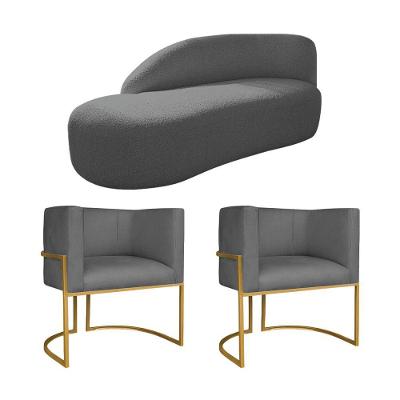 Kit Divã Luna 185cm Lado Esquerdo E 02 Poltronas Base De Ferro Dourado Linho Cor Cinza Escuro