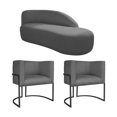 Kit Divã Luna 185cm Lado Direito E 02 Poltronas Base De Ferro Preto Linho Cor Cinza Escuro