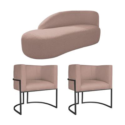 Kit Divã Luna 185cm Lado Esquerdo E 02 Poltronas Base De Ferro Preto Linho Cor Rosê