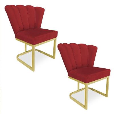 Kit 02 Poltronas Flor Veludo Base Metálica Industrial Dourado - Pallazio Cor Vermelho
