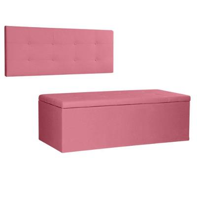Kit Painel E Calçadeira Baú Casal 1,40m Berlim Suede - Pallazio Cor Rosa