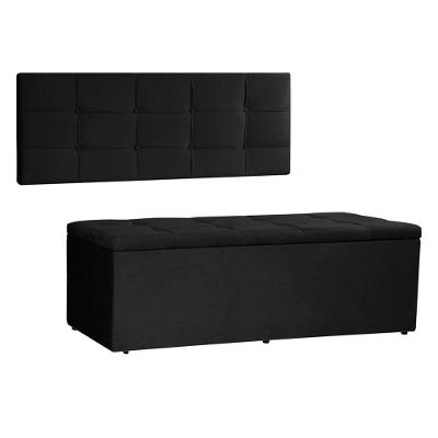 Kit Painel E Calçadeira Baú Solteiro 0,90m Roma Suede Preto - Pallazio