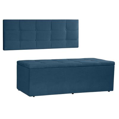 Kit Painel E Calçadeira Baú Queen 1,60m Roma Suede Azul Marinho - Pallazio