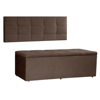 Kit Painel E Calçadeira Baú Casal 1,40m Roma Suede - Pallazio Cor Marrom