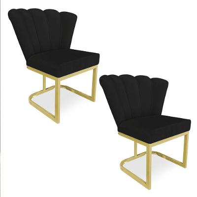 Kit 02 Poltronas Flor Veludo Base Metálica Industrial Dourado - Pallazio Cor Preto